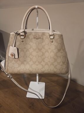 Coach Beige Signature Satchel with Cream Trim and Gold Hardware